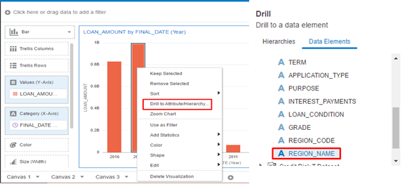 Drill to a data element or an attribute